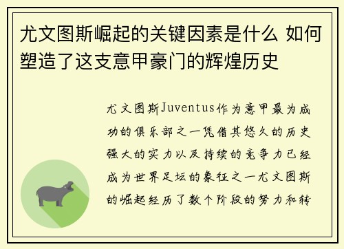 尤文图斯崛起的关键因素是什么 如何塑造了这支意甲豪门的辉煌历史