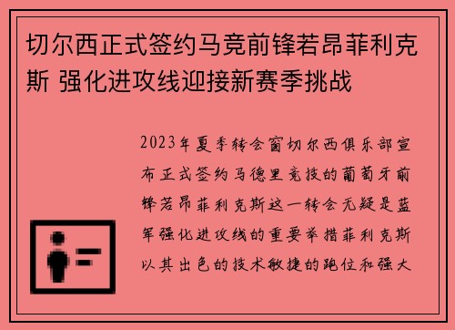 切尔西正式签约马竞前锋若昂菲利克斯 强化进攻线迎接新赛季挑战